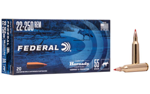 Ammunition Federal Varmint & Predator 22 250 FED V&P 22-250REM 55GR V-MAX 20/200 • Model: Varmint & Predator