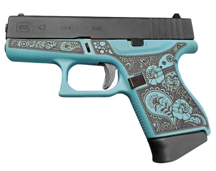 Handguns Glock Ready Series 9mm GLOCK G43 9MM 3.4" 3/6RD Engraved Frame Only Robins Egg Blue and Paisley)