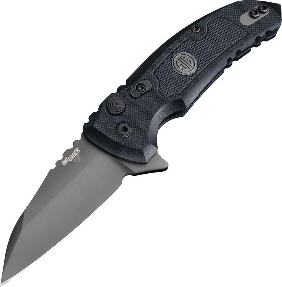 Knives Hogue Ready Series Hogue X1 Microflip Wharncliffe Flipper Knife Black Sig (2.6" Gray) • Model: Ready Series