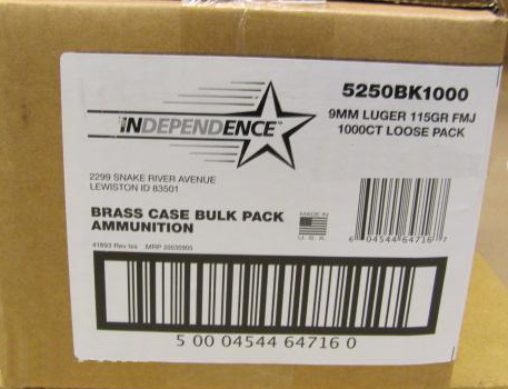 Ammunition Independence 4.50" 9mm 9MM LUGER 115GR FMJ 1000RD BULK PK • Model: 4.50"