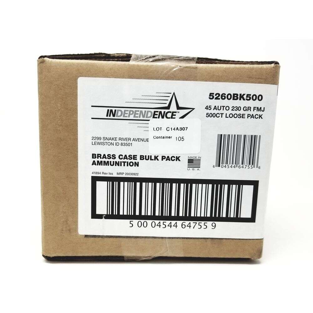 Ammunition Independence 4.50" 45ACP 45 AUTO 230GR FMJ - 500 ROUND BULK PK