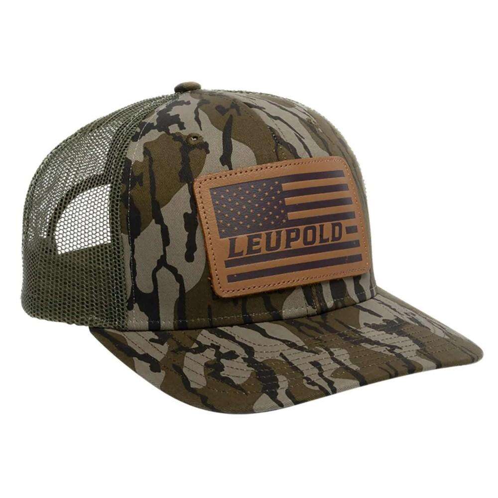 Clothing Leupold Ready Series Leupold Hat Leather Flag Trucker Bottomland Camo/Green • Model: Ready Series