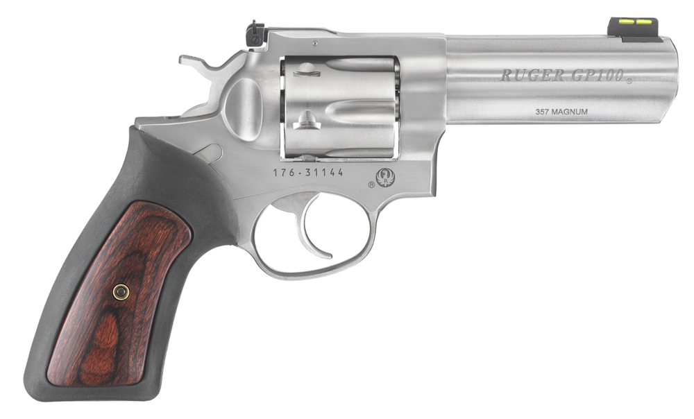 Handguns Ruger GP100 357Magnum|38Special GP100 357MAG SS/RUB 4" HIVIZ • 1762 RUBBER GRIP W/WOOD INSERT