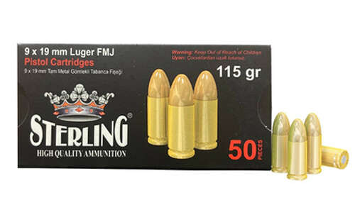 Ammunition Sterling Sterling 9mm STERLING 9MM 115GR FMJ BRASS 50/1000 • Model: Sterling