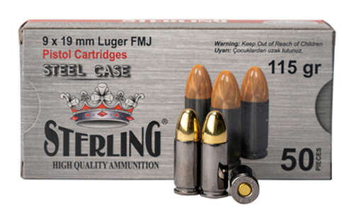 Ammunition Sterling Steel Case 9mm STERLING 9MM 115GR FMJ STEEL 50/1500 • Model: Steel Case